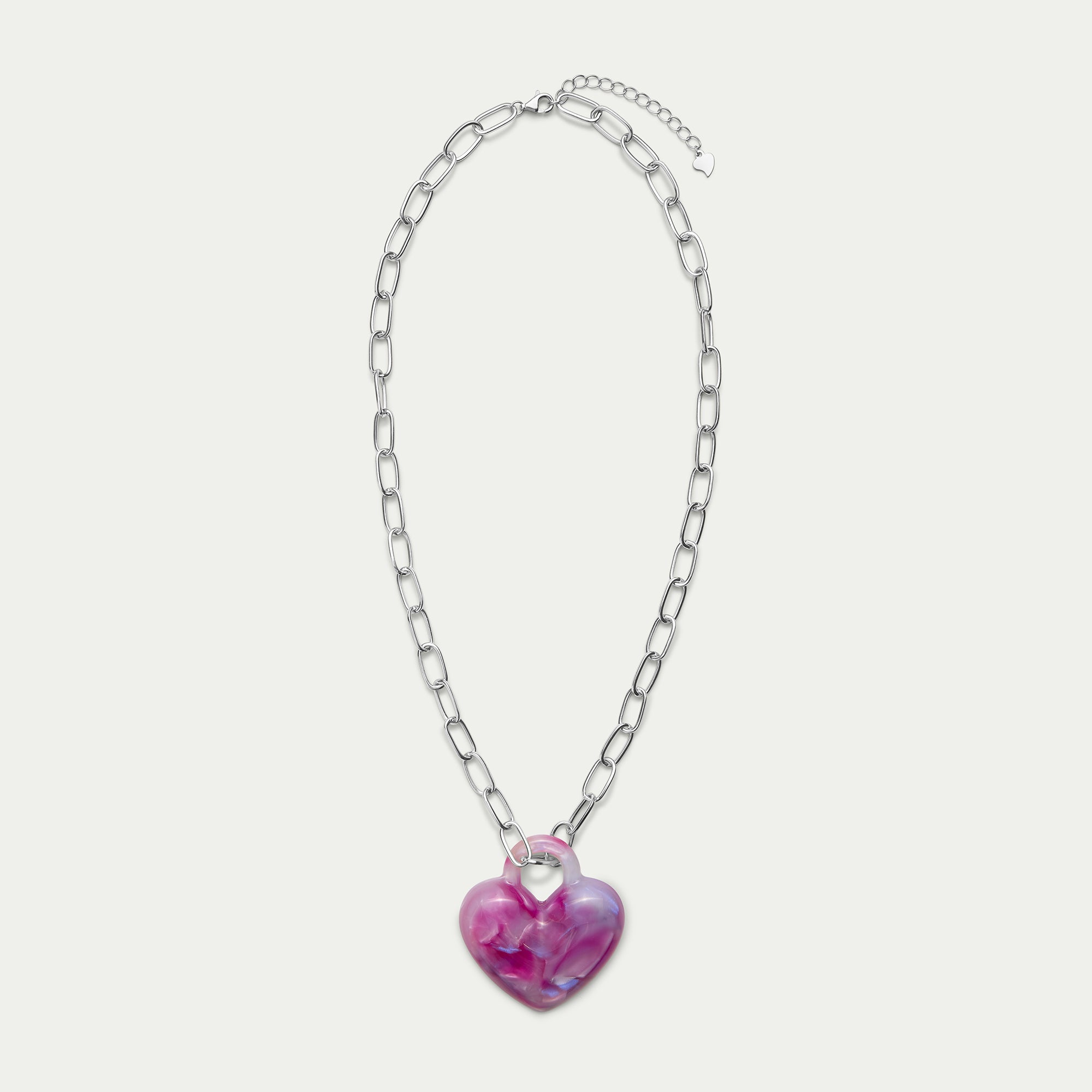 Paperclip Necklace - Puffy Heart in Peony - Silver