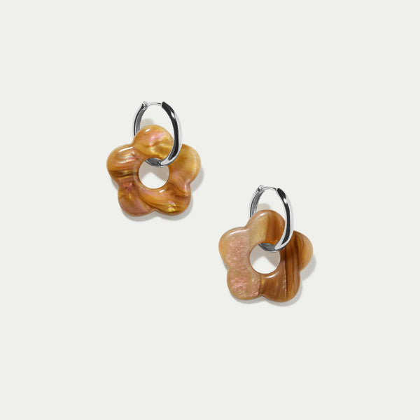 Grande Hoops + Tiger-Eye Flower Charm - Silver