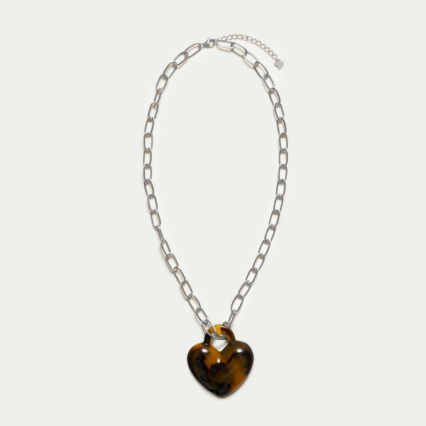 Paperclip Necklace - Puffy Heart in Classic Tortoiseshell - Silver