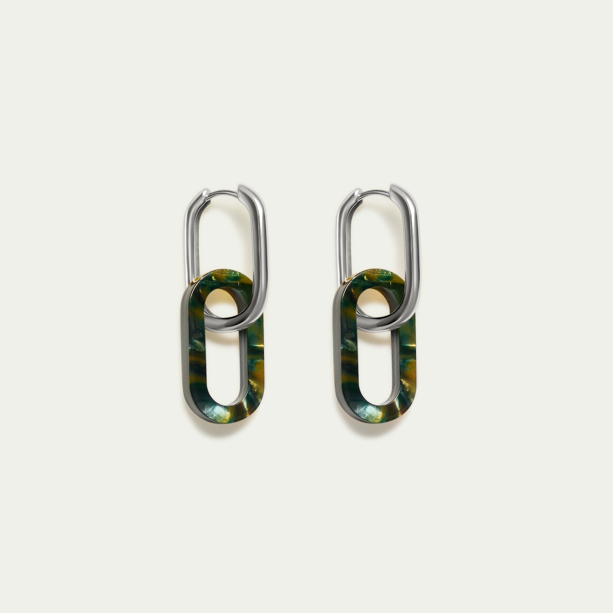Paper-Clip Hoops + Green Tortoiseshell Charms - Silver