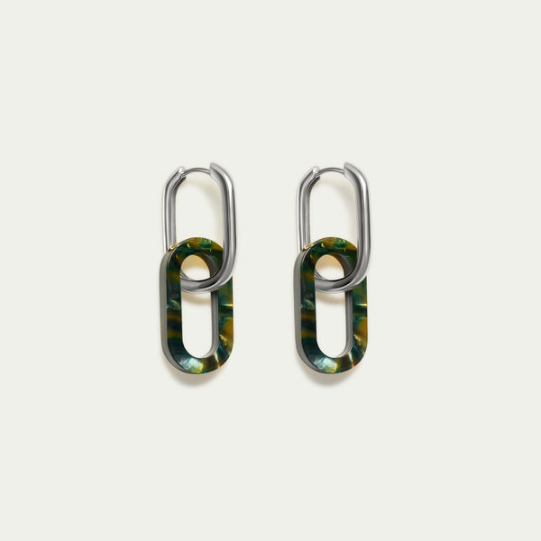 Paper-Clip Hoops + Green Tortoiseshell Charms - Silver