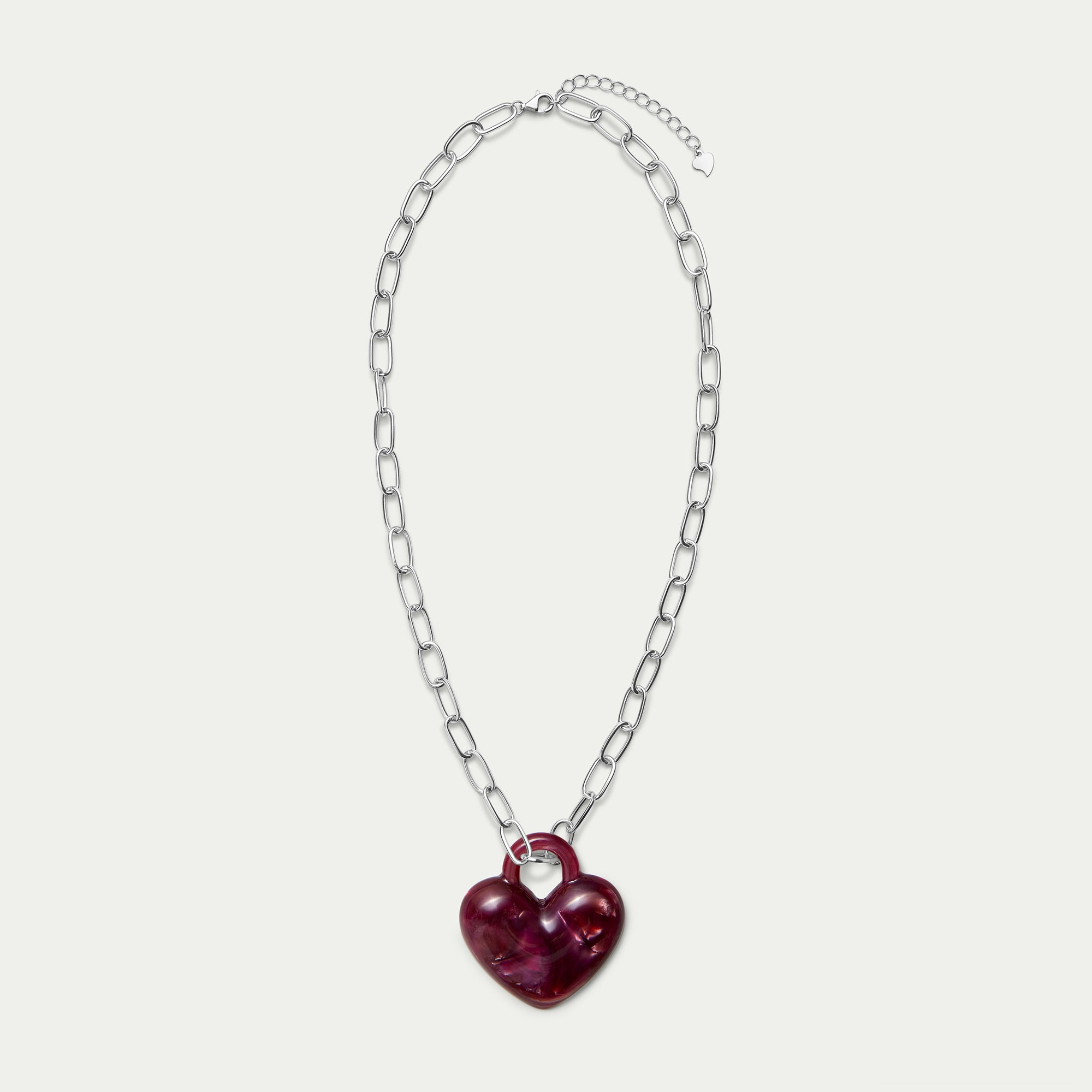 Paperclip Necklace - Puffy Heart in Pomegranate - Silver