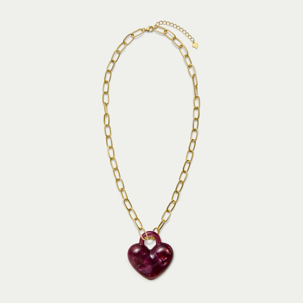 Paperclip Necklace - Puffy Heart in Pomegranate - Gold