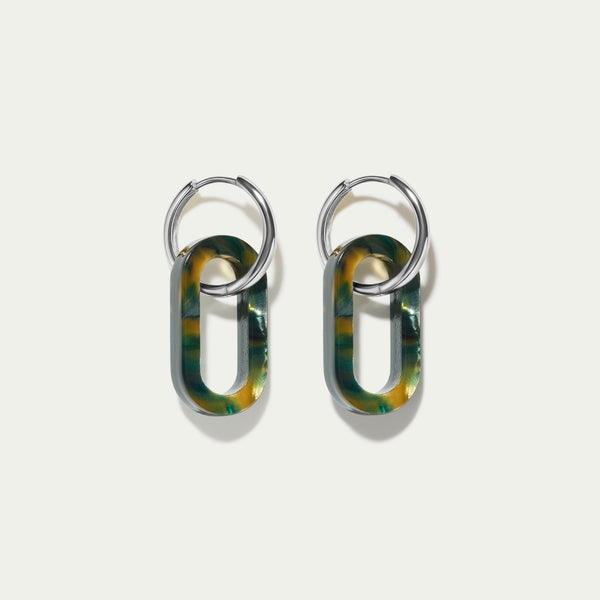Grande Hoops + Green Tortoiseshell Link Charms - Silver