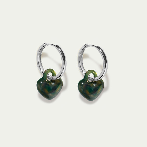 Grande Hoops + Green Tortoiseshell Mini Puffy Hearts - Silver