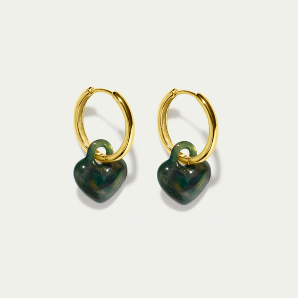 Grande Hoops + Green Tortoiseshell Mini Puffy Hearts - Gold