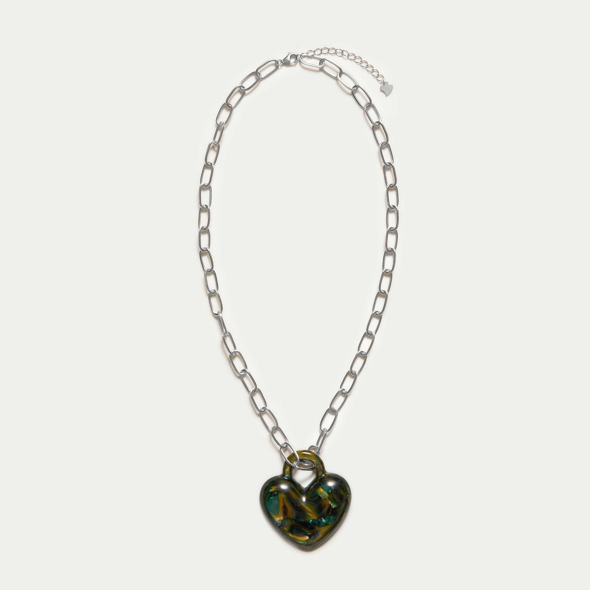 Paperclip Necklace - Puffy Heart in Green Tortoiseshell - Silver