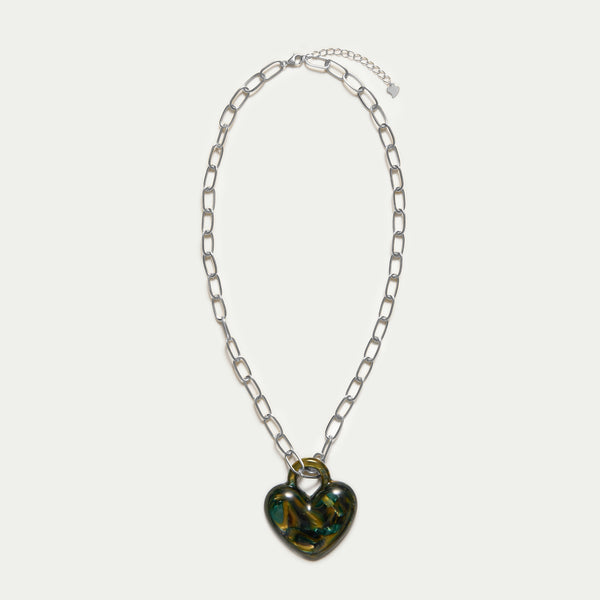 Paperclip Necklace - Puffy Heart in Green Tortoiseshell - Silver