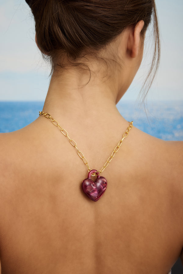 Paperclip Necklace - Puffy Heart in Pomegranate - Gold